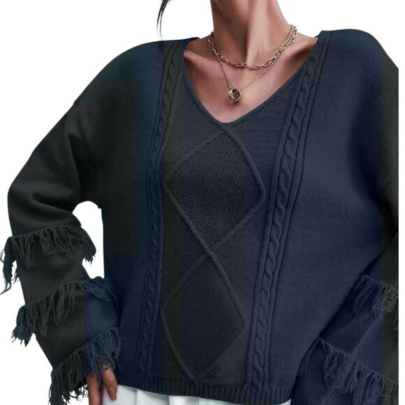 UMGEE Blue Sweater Fringe Bell Sleeves V Neck Boxy Cable Knit - Picture 1 of 9